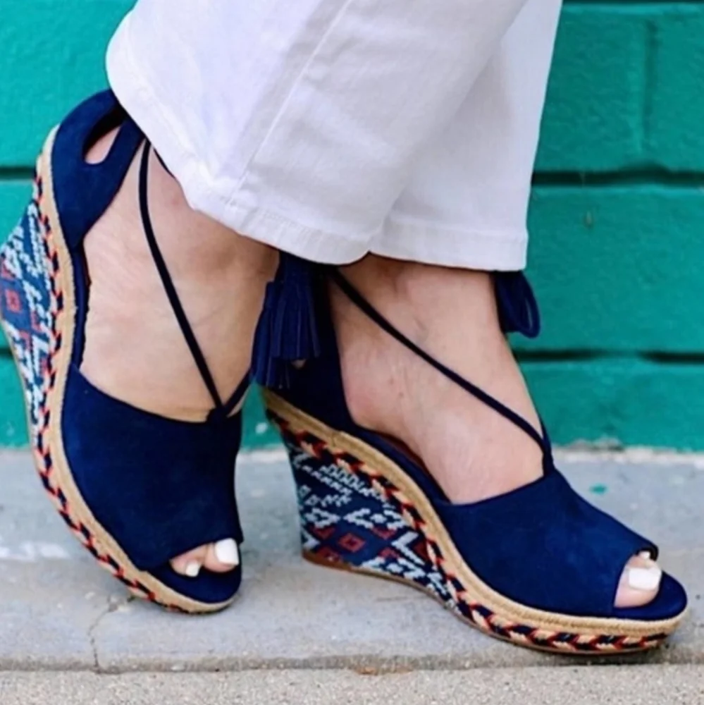 Cabi Isla Southwestern Aztec Pattern Suede Lace Up Wedge Sandal.